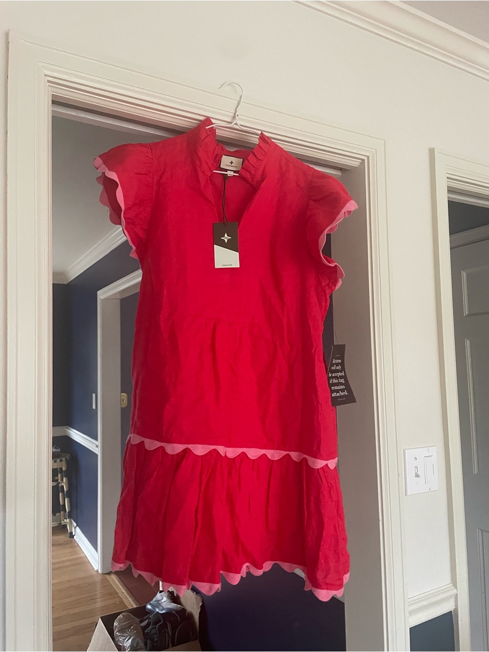 Tuckernuck Bright Red Dress with Pink Scallop Trim linen large nwt!
